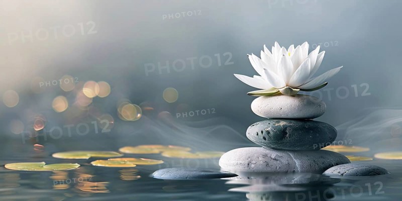 Zen stacking stones piled in balanced with white lotus flower on top. Generative Ai, AI generated