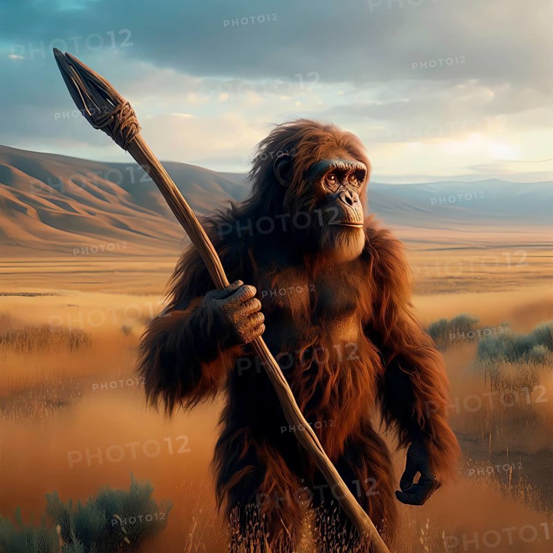 Prehistory, Prehistory, Portrait of an Australopithecus in the prehistoric African steppe, AI generated, AI generated