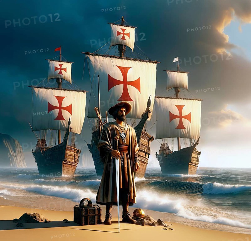 Christopher Columbus, Christopher Columbus or Cristóbal Colón takes possession of America for Spain, Columbus' caravels in the background, AI generated, AI generated
