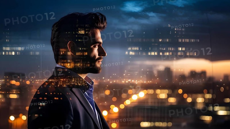 AI generated profile of a businessman with a double exposure of city lights, representing business success against an evening sky