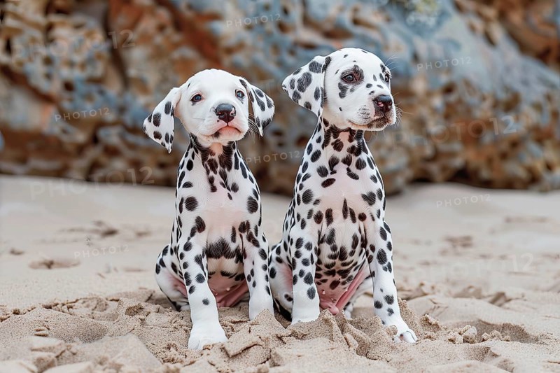 Two cute young dalmatian dogs seated on sand, AI generated