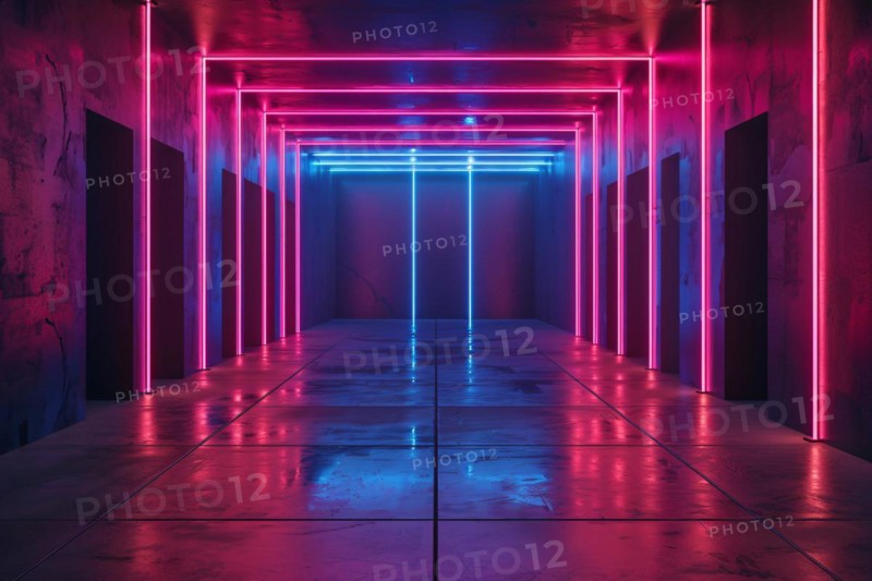 Room with modern futuristic pink and blue glowing neon light lines. KI generiert, generiert, AI generated