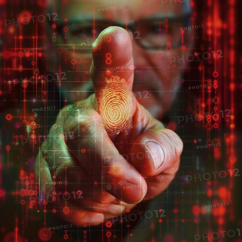 A finger points to a scanned, digitally captured fingerprint for biometric authentication, password, symbolic image for data misuse, cybercrime, fishing phishing, AI generated, AI generated, AI generated
