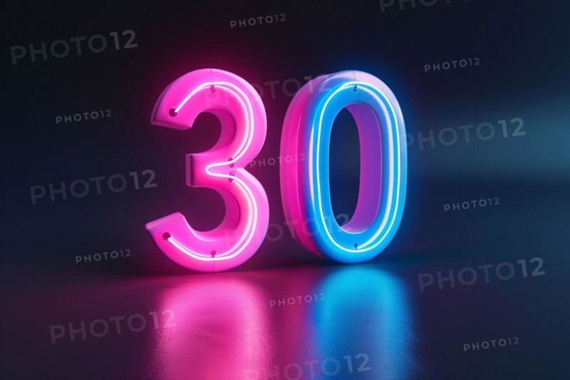 Neon pink and blue glowing number 30. KI generiert, generiert, AI generated