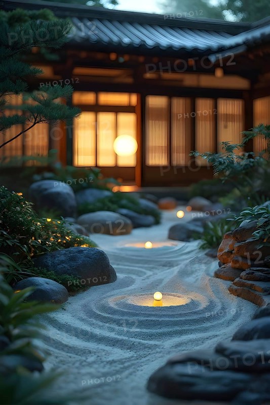 Zen garden bathed in the soft glow of dawn as a serene symbol for relaxation, AI generated