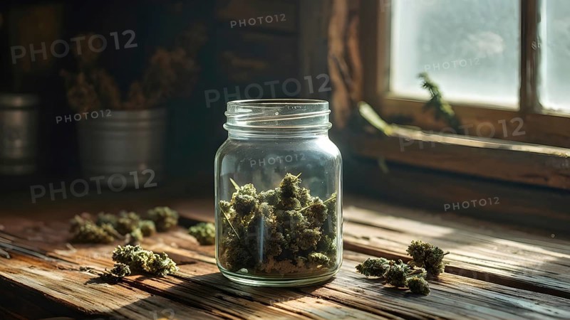 Glass jar filled with dried cannabis buds on a weathered wooden counter, AI generated