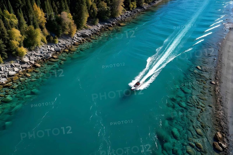 Aerial view on a high speed boat racing along a rivers serpentine, AI generated