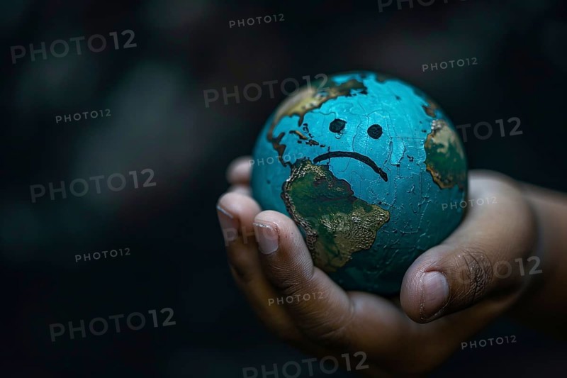 Hand holding small planet earth globe with sad face. Generative Ai, AI generated
