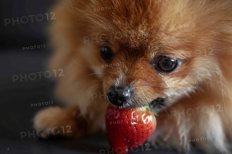 Close up of small Pomeranian dog eating raw strawberry. Generative Ai, AI generated
