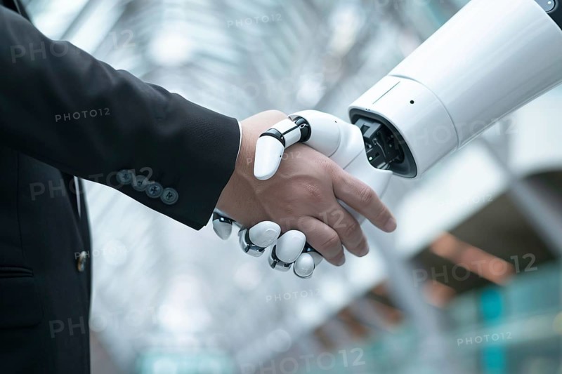 Handshake between business man in suit and artificial intelligence android arm. Genertaive AI, AI generated