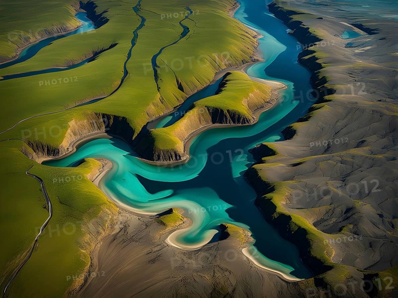 Aerial view perpendicular top down of an abstract colorful river along the coastline, AI generated