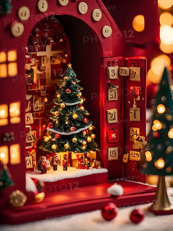 Traditional advent calendar door opening, showing a tiny festive scene inside with miniature decorations, AI generated