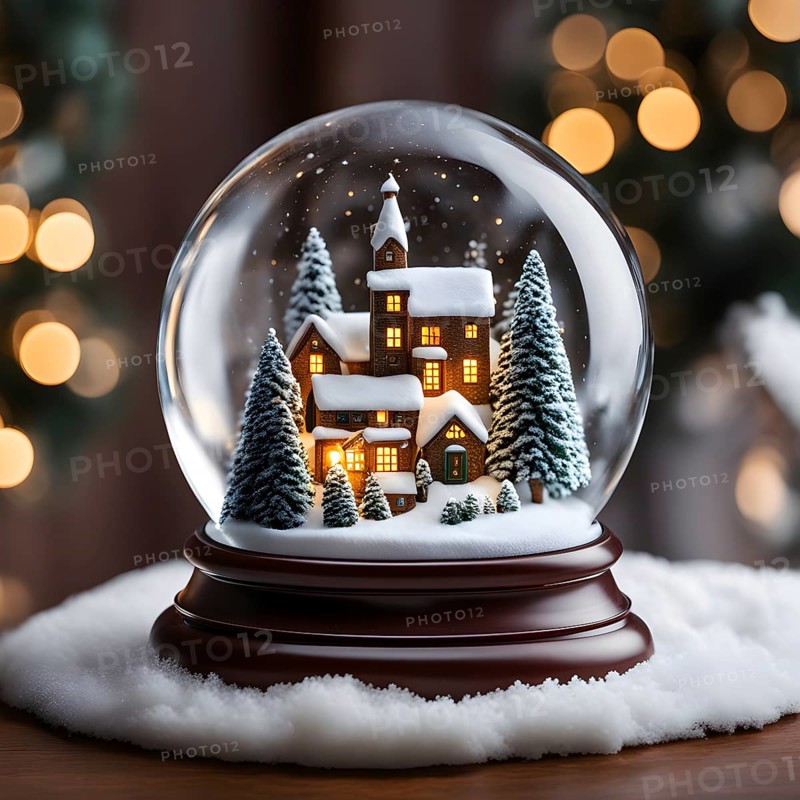Snow globe with a tiny festive village inside, capturing the swirling snow and the light reflections on the glass dome, AI generated