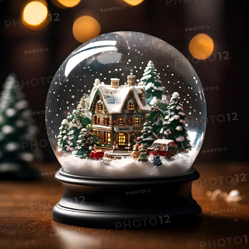 Snow globe with a tiny festive village inside, capturing the swirling snow and the light reflections on the glass dome, AI generated