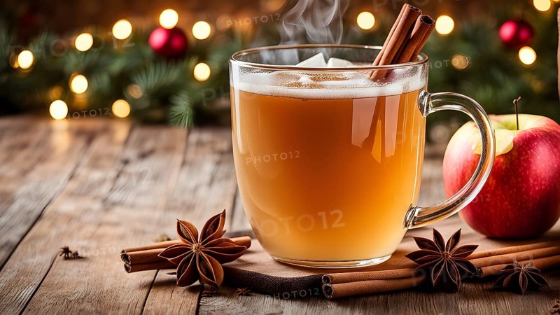 Steaming apple cider in a glass mug, garnished with a cinnamon stick and star anise, surrounded by festive decorations, AI generated