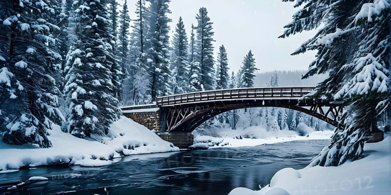Serene scene of a snow-covered bridge arching over a frozen river, with softly falling snowflakes and tall, snow-laden pine trees on either side, AI generated
