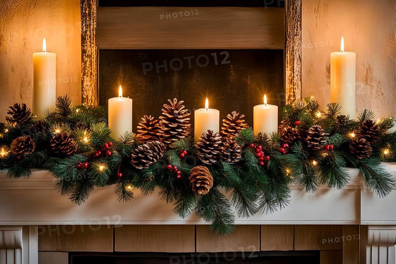 A cozy fireplace mantle decorated with pine cones, garlands, and lit candles, with a close-up focus on a burning candle flame, AI generated