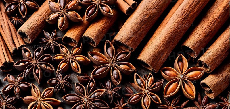 Abstract wallpaper illustration of Christmas spices like cinnamon sticks, star anise, and cloves, AI generated
