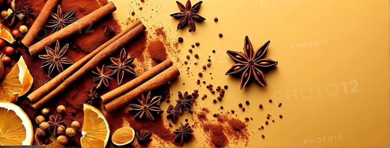 Abstract wallpaper illustration of Christmas spices like cinnamon sticks, star anise, and cloves, AI generated