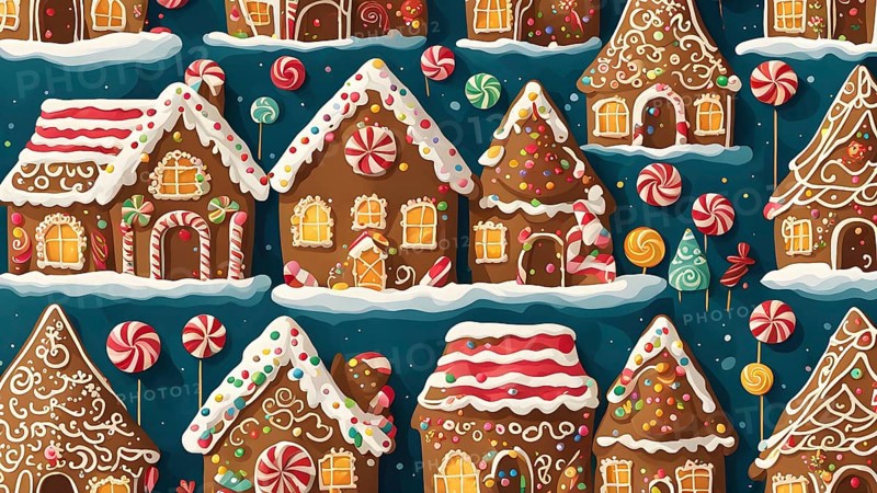 Abstract wallpaper illustration of of gingerbread house decoration, AI generated