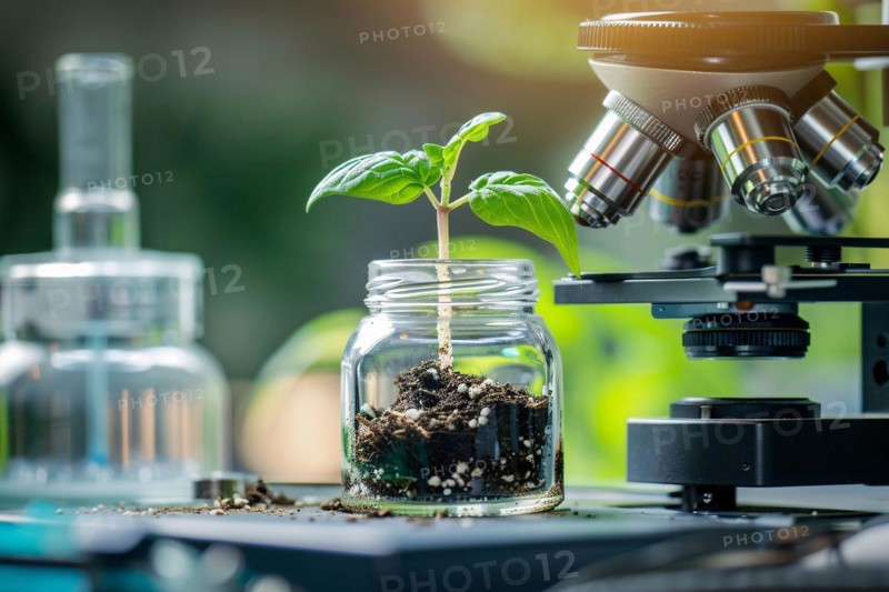 Plant seedling in research lab with microscope. Concept for biotechnology and genetic modification. KI generiert, generiert, AI generated