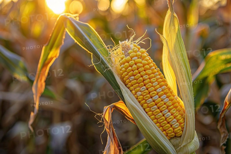 Corn maize stalk in open husk in sunny agricultural field. KI generiert, generiert, AI generated