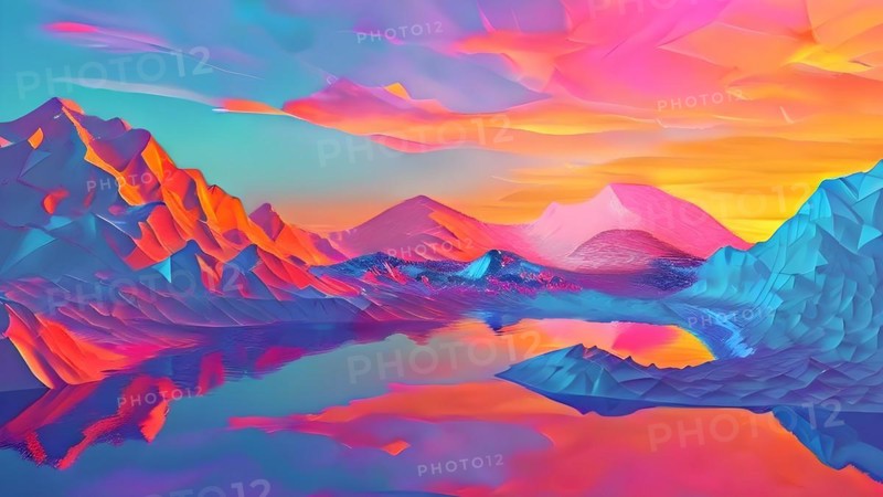 AI generated painting of a surreal landscape with mountains and a lake with digital brush strokes intertwining with watercolor