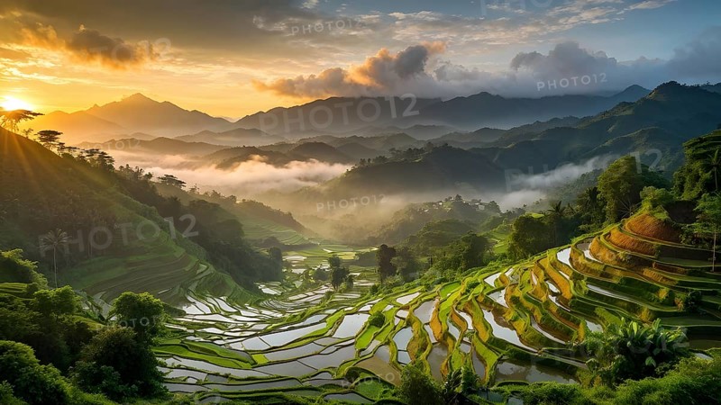 Early morning light bathes Philippines rice terraces cascading down mountain slopes, AI generated