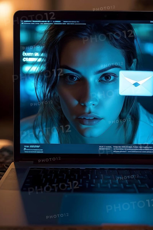 AI generated phishing email on an open laptop screen with cybersecurity warning popup blocking visible deceptive links
