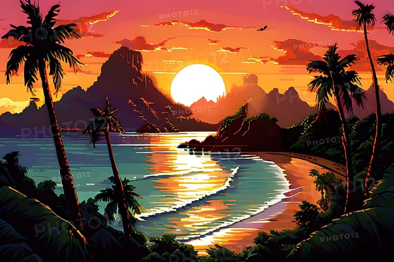 Pixel art illustration of a tropical island paradise with palm trees and sandy beach, AI generated