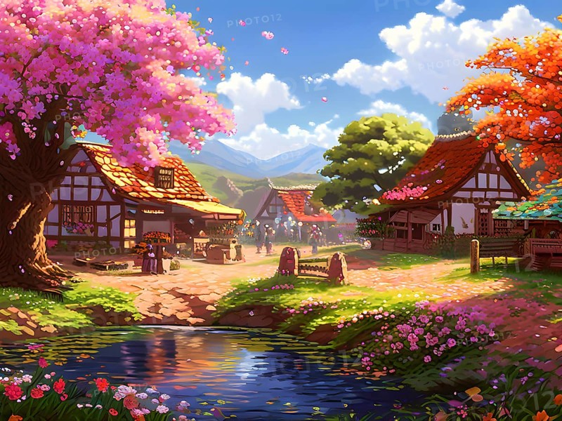Pixel art illustration of a cozy village in spring with vibrant blooming tress and flowers, AI generated