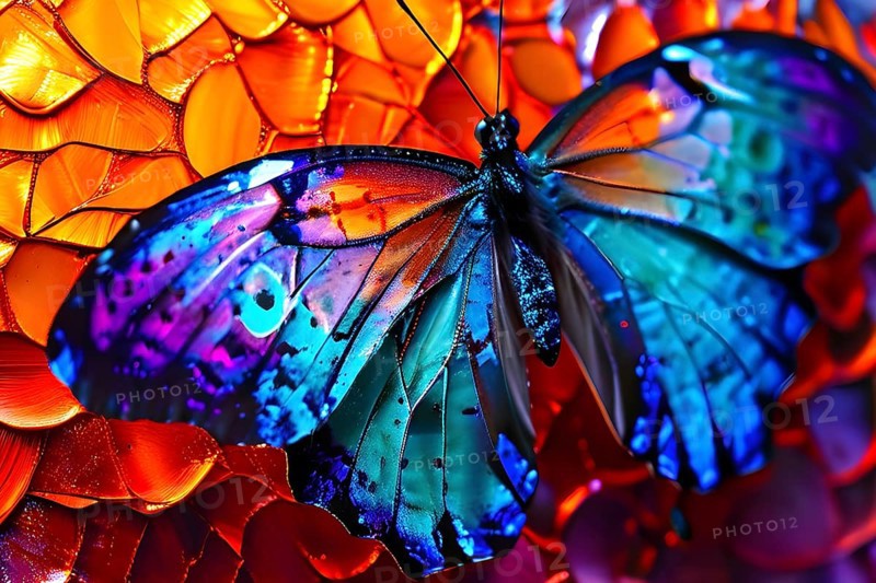 Abstract piece inspired by the iridescent scales of a butterfly highlighting how nature influences color-changing materials, AI generated