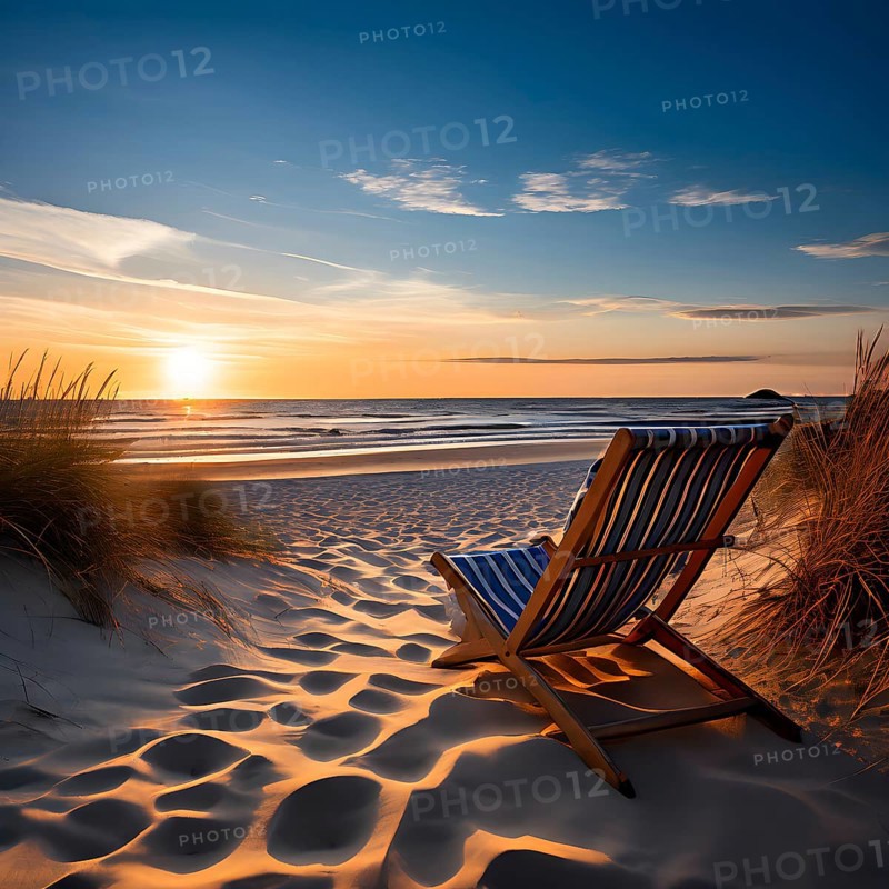 Sunset mood on a whispering tranquil costal landscape with sandy beach, AI generated