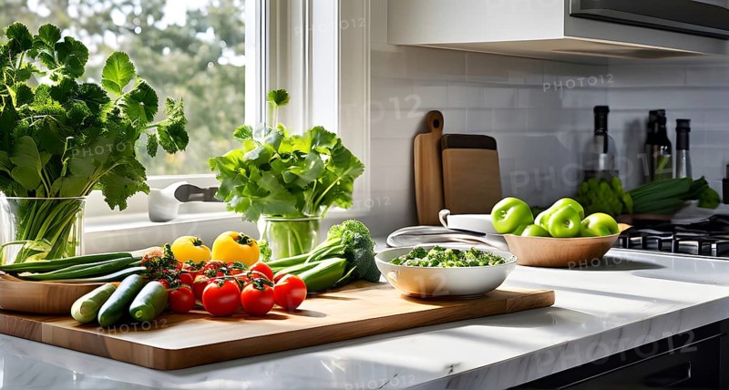 Minimalist kitchen with sleek, white cabinetry and a marble countertop, featuring a single wooden cutting board with freshly cut vegetables, AI generated