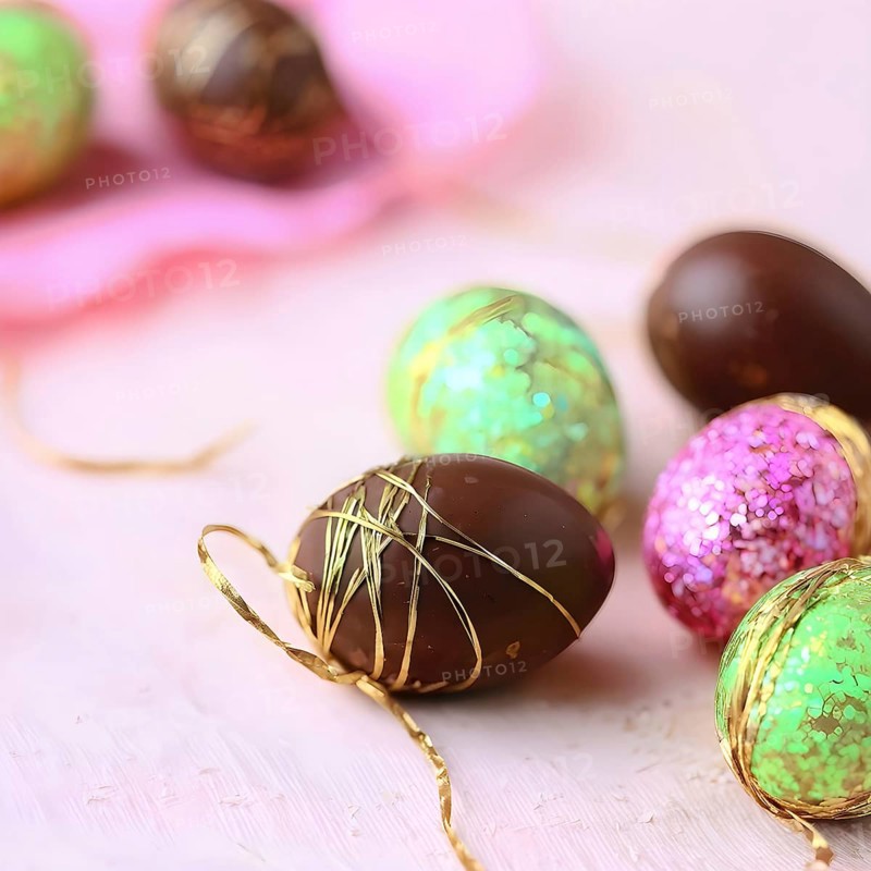 Small chocolate Easter eggs wrapped in shiny foil, placed on a bed of shredded pastel-colored paper, AI generated
