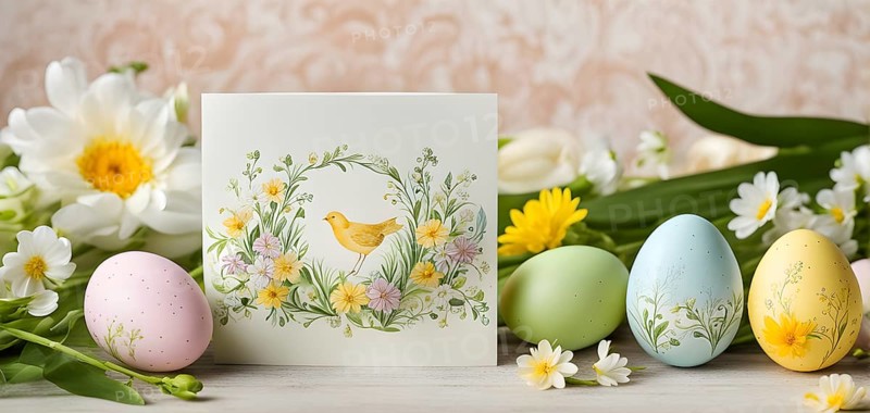 Easter card with delicate hand-drawn illustrations, placed among fresh flowers and decorated eggs, empty space for text, AI generated