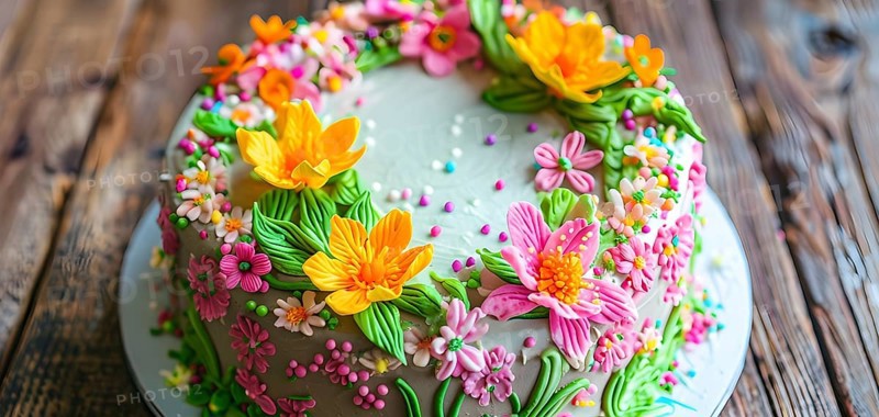 Decorated Easter cake with intricate icing flowers and colorful sprinkles, placed on a rustic wooden table, AI generated