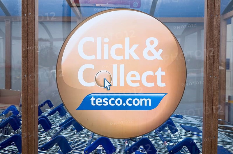 Click and Collect Tesco sign close up, UK