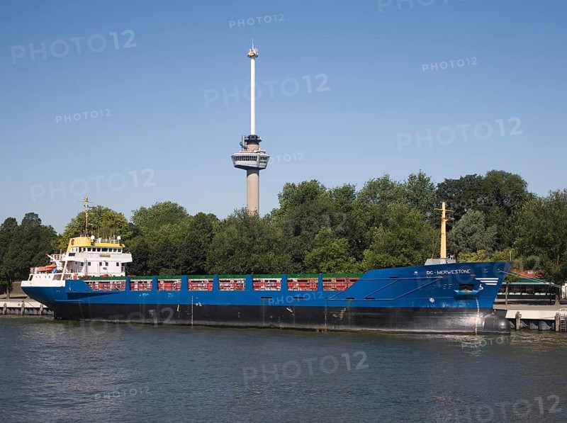 Cargo ship 'DC Merwestone' moored by Euromast tower, Port of Rotterdam, Netherlands