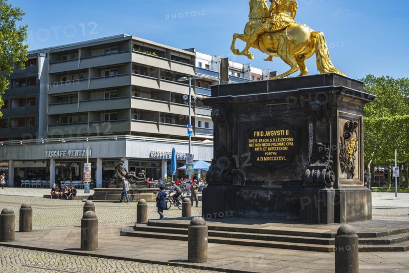 Golden Horseman, equestrian statue of the Saxon Elector and King of Poland, Augustus the Strong at Neustädter Markt in Dresden, Saxony, Germany, for editorial use only, Europe