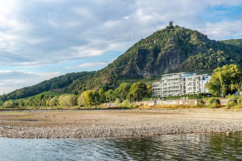 The Rhine at extremely low water, near Bad Honnef Rhöndorf, below the Drachenfels, Nonnenwerth Island, dry banks of the Rhine, North Rhine-Westphalia, Germany, Europe