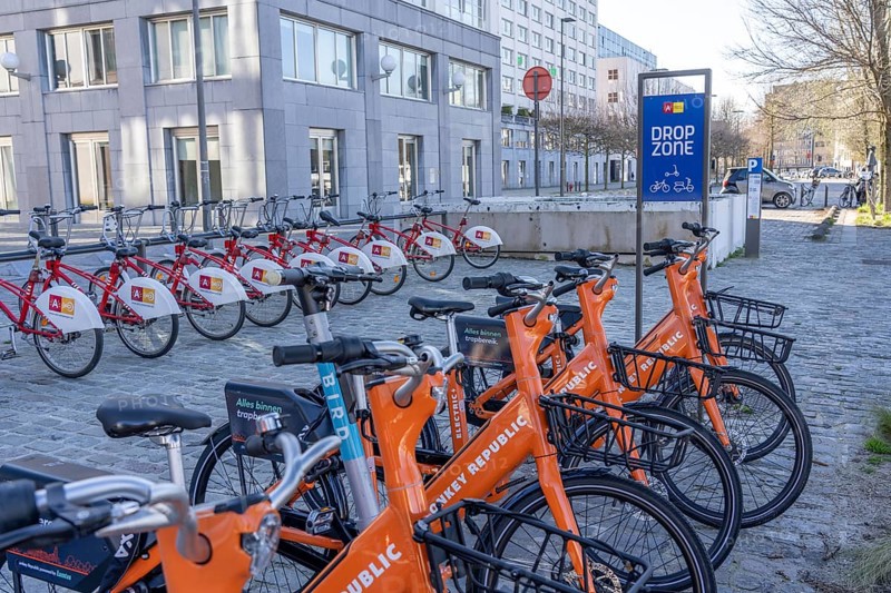 Rental station, drop zone for rental bikes, provider Donkey Republic, Velo Antwerp Place to park bikes for temporary hire, Antwerp, Flanders, Belgium, Europe