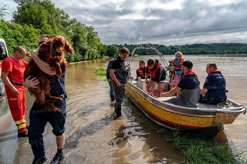 High water on the Ruhr, after long heavy rainfall the river came out of its bed and flooded the countryside and villages, the highest water level ever measured, over 20 people were rescued from flooded houses by the fire brigade and DLRG in Bochum Dahlhausen, Bochum, North Rhine-Westphalia, Germany, Europe