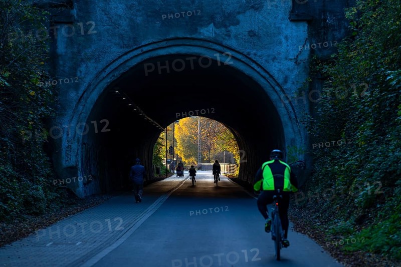 The Nordbahntrasse, a cycle path, footpath, on a former 22 KM long railway line, along the west-east axis of Wuppertal, on the northern slope, with many tunnels, viaducts and views of the city, tunnel passage, Wuppertal, North Rhine-Westphalia, Germany, Europe
