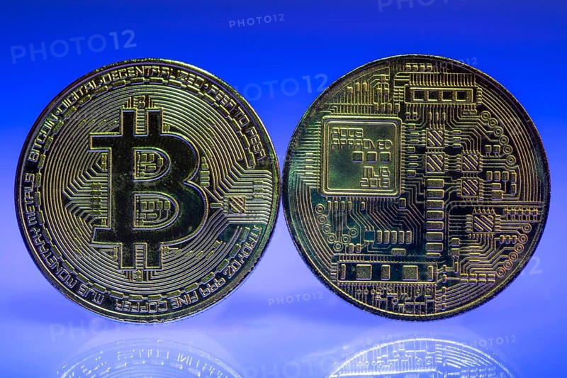 Bitcoin, cryptocurrency, symbol coin, optical placeholder for the digital currency, front and back, symbol of the blockchain