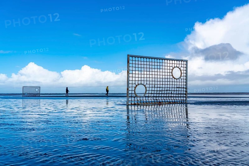 Football pitch, football field, Tor tor, on the beach, tidal creek, in the west of Borkum, island, East Frisia, winter, season, autumn, Lower Saxony, Germany, Europe