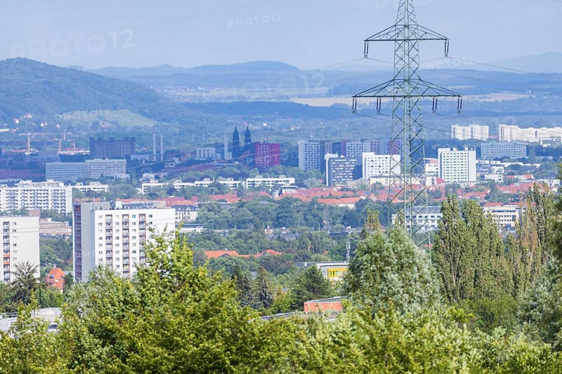 Panoramic view over Gorbitz to Strehlen church, demk gasometer, Borsber and the foothills of Saxon Switzerland, panoramic view of Dresden seen from the west, Dresden, Saxony, Germany, Europe