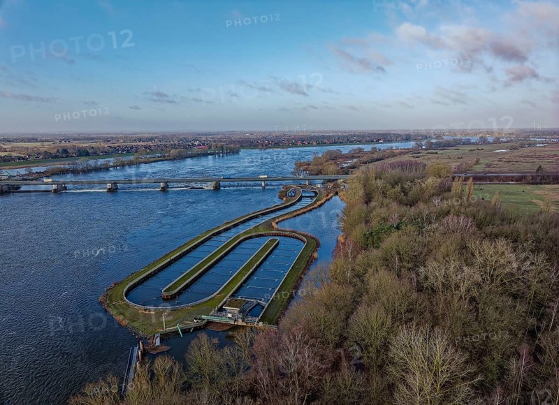 The largest fish ladder in Europe at the lock island in the Elbe near Geesthacht. Schleswig-Holstein, Germany. Lock Island, Geesthacht, Schleswig-Holstein, Germany, Europe
