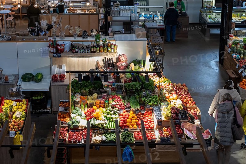 Fruit and vegetable stall with Cucumbers, tomatoes, melons, Leeks, Malus and spices, Riga, Latvia, Europe