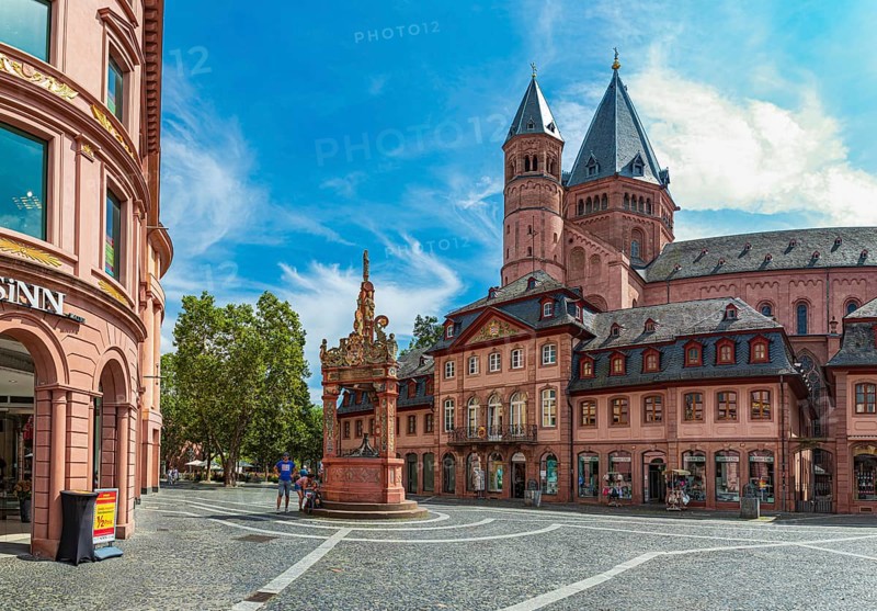 St Martin's Cathedral and Renaissance market fountain in Mainz, Rhineland-Palatinate, Germany, Europe
